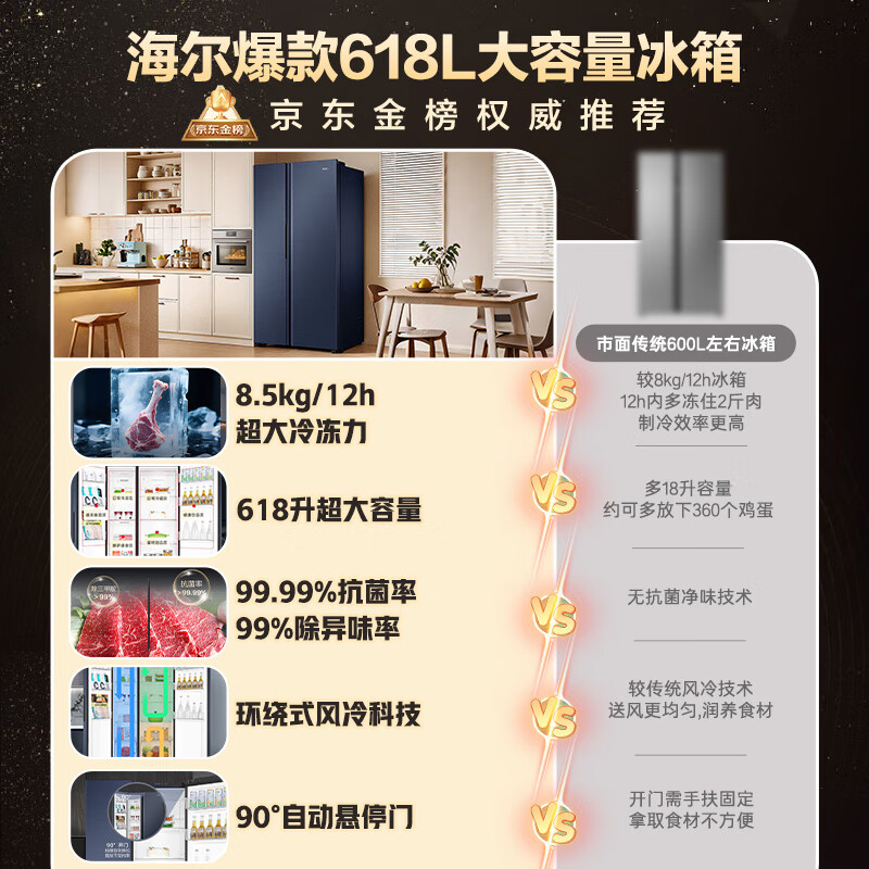 Haier Feast 618L side-by-side refrigerator black gold purification level one energy efficiency air-cooled frost-free super large capacity blue BCD-618WGHSSEDBL state subsidy