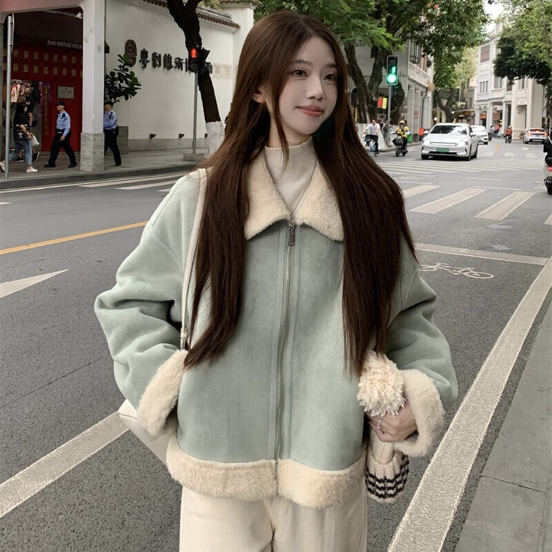 Miao Yijia imitation lamb wool coat for women autumn and winter women's small fragrant style coat top jacket plus velvet coat warm cotton coat Xiaoxiangfeng short imitation lamb wool coat light blue S (recommended 80-100 pounds)