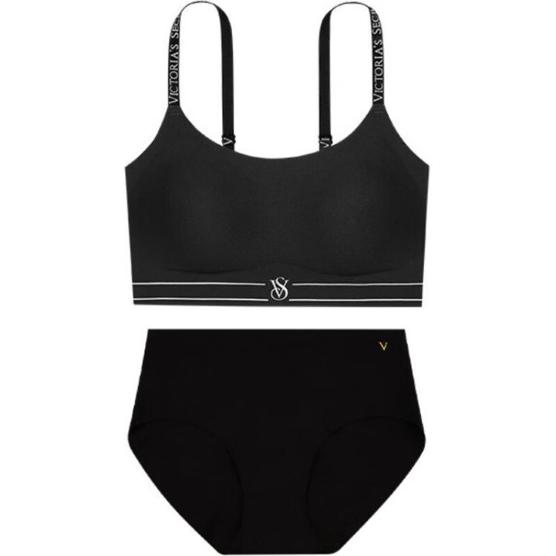 Victoria's Secret Victoria's Secret Jelly Strip Vest Series 4701 Logo Shoulder Strap Bottom VS Mark Seamless Vest Bra Mid-waist Suit (Obsidian) XL Suit (Obsidian) L (L)
