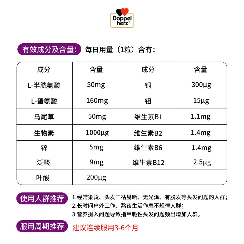 Doppel herz multi-hair care amino acid capsules biotin 1000mcg hair care tablets brightening skin VB hair care strong nails 30 capsules