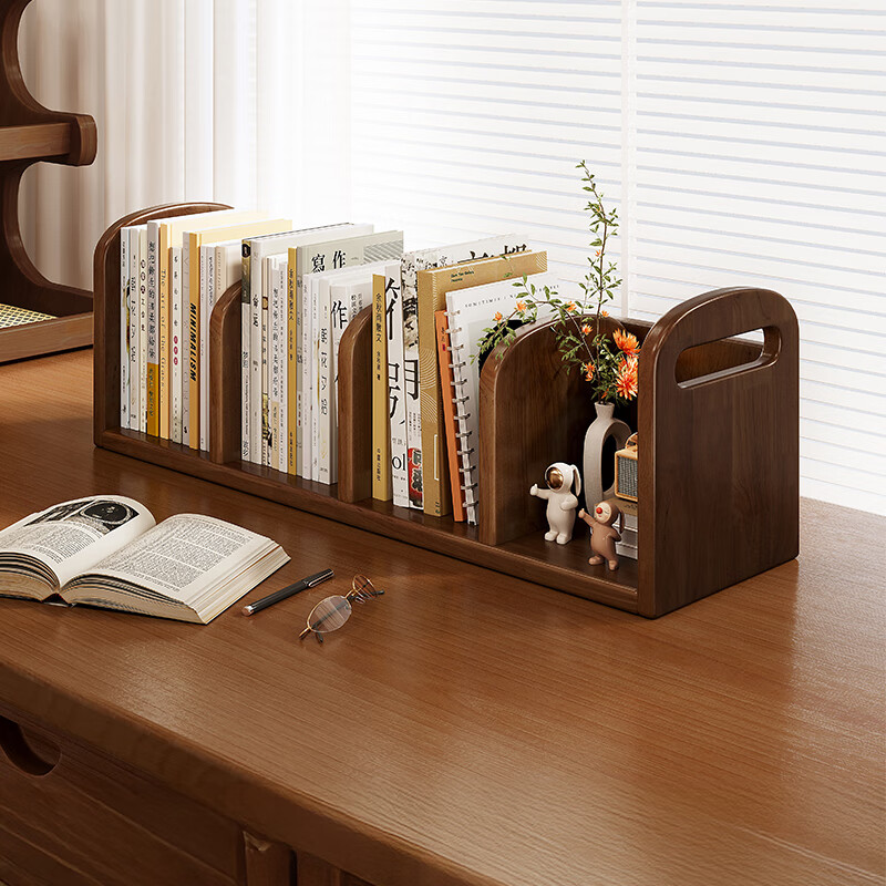 Lin Zhiyu solid wood desktop bookshelf storage rack small bookshelf on student desk simple office storage rack portable bookcase special grade 3A imported rubber wood four grid walnut color