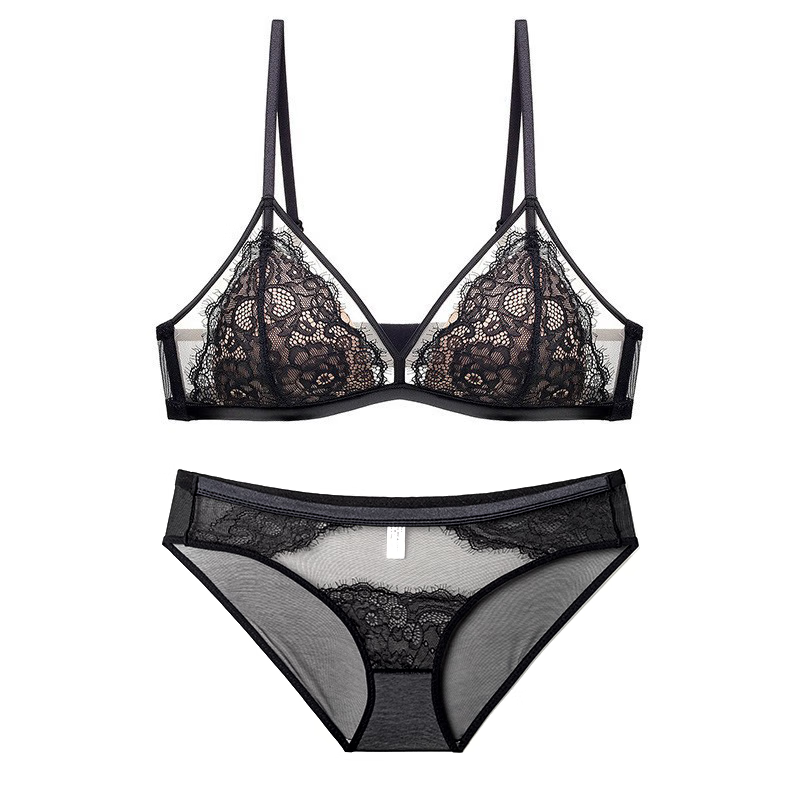 Victoria's Style Sexy Secret French Sexy Lace Underwear Women's Small Breast Push Up No Wires Black Bra Set Black Set L (Applicable to 34/75C 36/80AB)