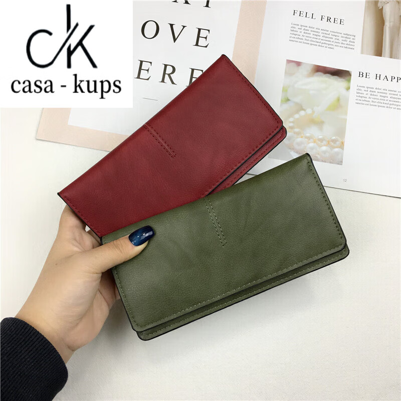 Casa-kups genuine leather wallet women's long 2025 new Japanese and Korean simple ultra-thin wallet fashion retro solid color buckle long card holder dark green ready for delivery in seconds