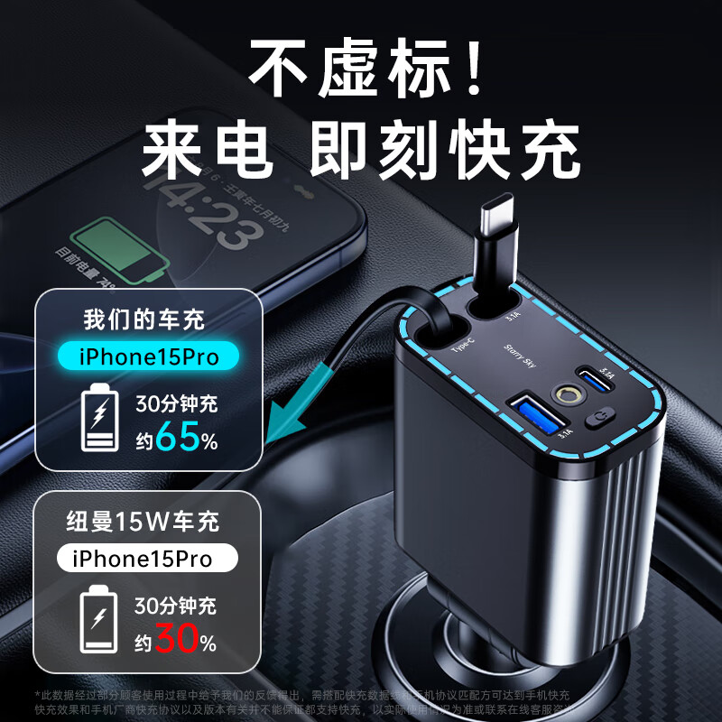 Newmine car charger super fast charging one to three retractable cable car charger cigarette lighter with cable multi-function converter suitable for Huawei Apple 16 Android