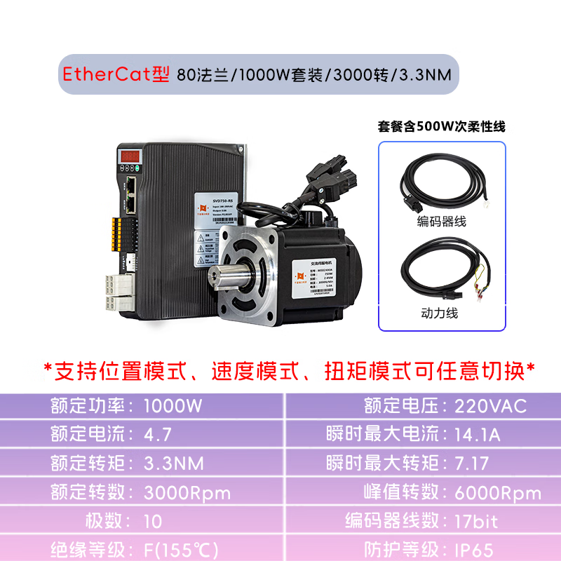 Yue Changsheng 1000W set 80 flange 3.3NM AC servo motor drive controller set high performance programmable orange SVD750-RS-pulse +485 5M80SS3330A (brake)