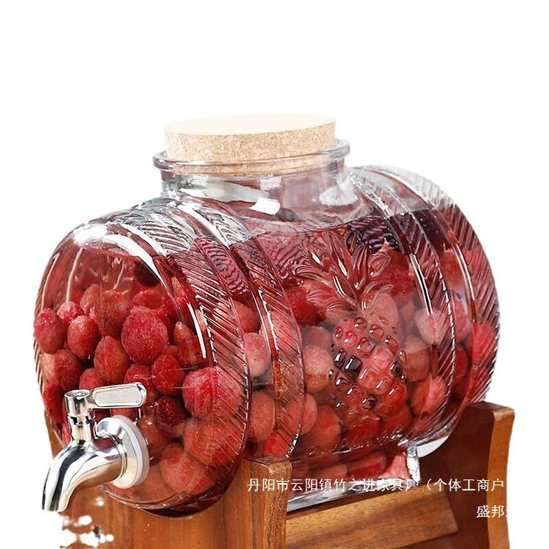 New glass wine bottle and jug with faucet, fruit wine and ginseng wine barrel, medicine wine jar, green plum and bayberry wine container, 10kg+wooden cover+stainless steel faucet+bamboo base