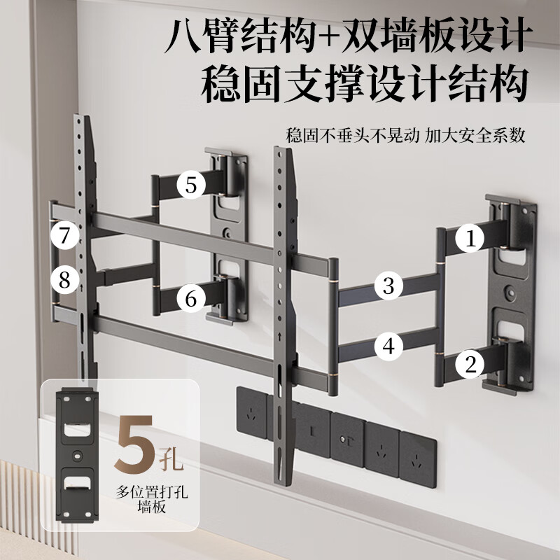 KALOC new structure does not block the socket, ultra-thin built-in double-arm telescopic TV bracket wall mount, telescopic and rotating, suitable for 100-inch Hisense 85, Xiaomi TCL NX75, ultra-thin 3.15 cm, suitable for 55-75 inches
