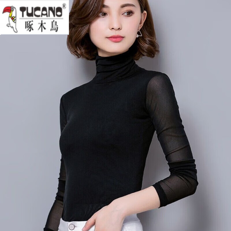Woodpecker high collar mesh bottoming shirt for women spring and autumn new solid color long-sleeved T-shirt lace shirt slim plus velvet top for women black black thin M 85-95 pounds