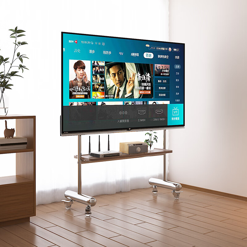 Medieval style TV stand floor-standing movable with wheels living room bedroom simple hanging rack 32-70 inches for home use H double layer stainless steel + perforated plate/crystal wheel