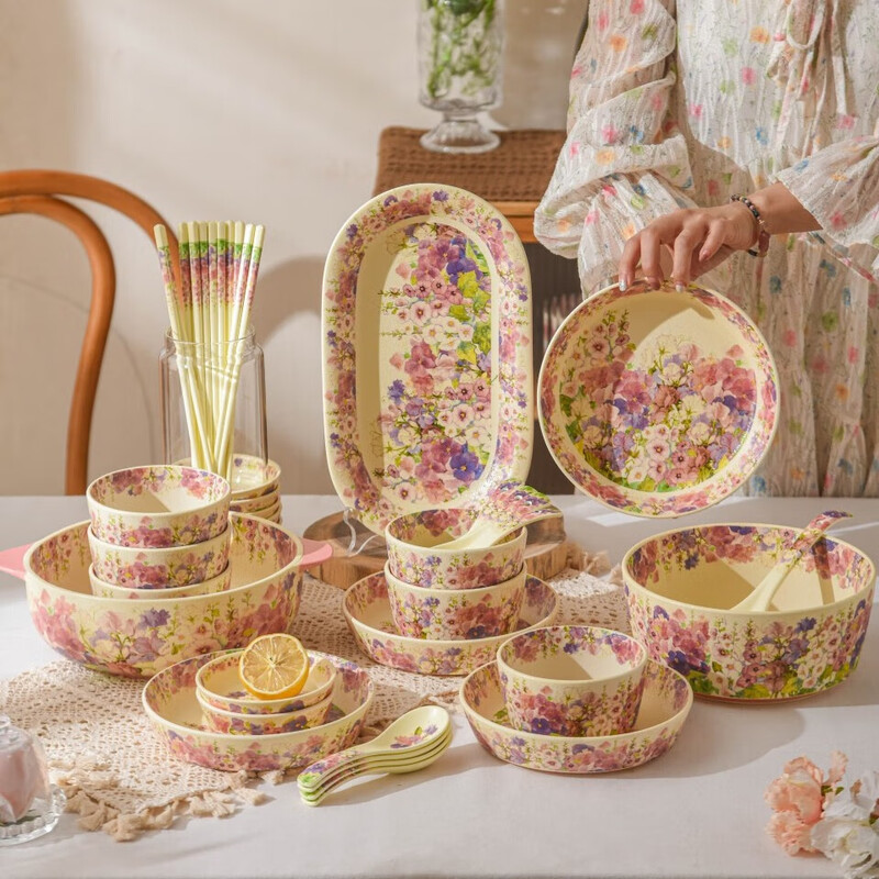 Huadian Blossoms Ceramic Bowl Housewarming Birthday Gift Ladies Wedding Tableware Wedding Souvenir Gift Box Set Gift Box Set Sweet Food for 2 People 15-piece Set