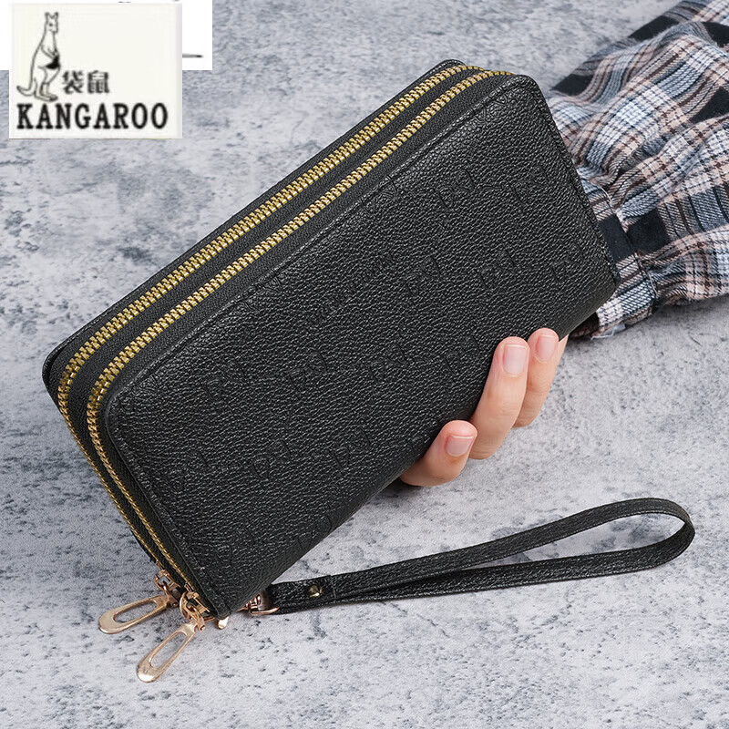 Kangaroo (KANGAROO) Light Luxury Long Women's Wallet 2025 New Fashion Large Capacity Mom Wallet Double Zipper Clutch Mobile Phone Bag Black