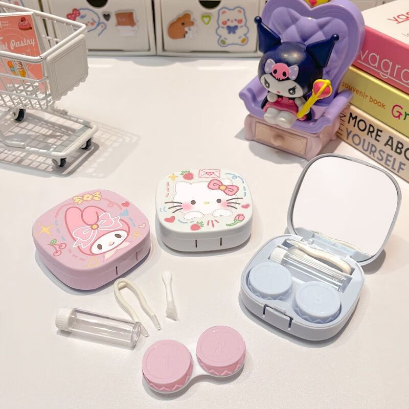 Kaooseen contact lens box, contact lens box, cute kt cat portable full set of tools, contact lens cleaner with tweezers, mirror, blush Hello Kitty contact lens box, cream white