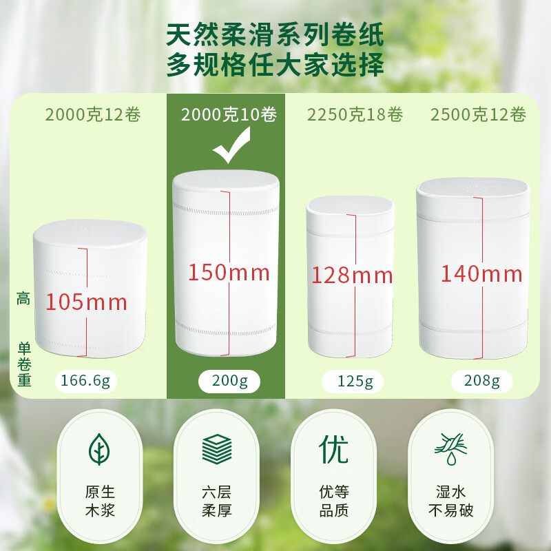 Yusen (YUSEN) natural smooth coreless toilet paper 200g*10 rolls 2000g 4 catties toilet paper toilet paper 150*138mm