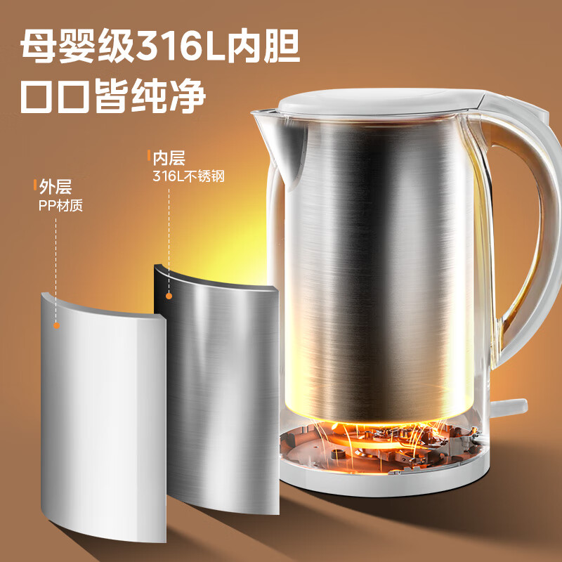 Midea electric kettle food-grade 316L stainless steel double-layer seamless integrated inner tank anti-scalding kettle 1.7L automatic intelligent power off SH17M301PRO