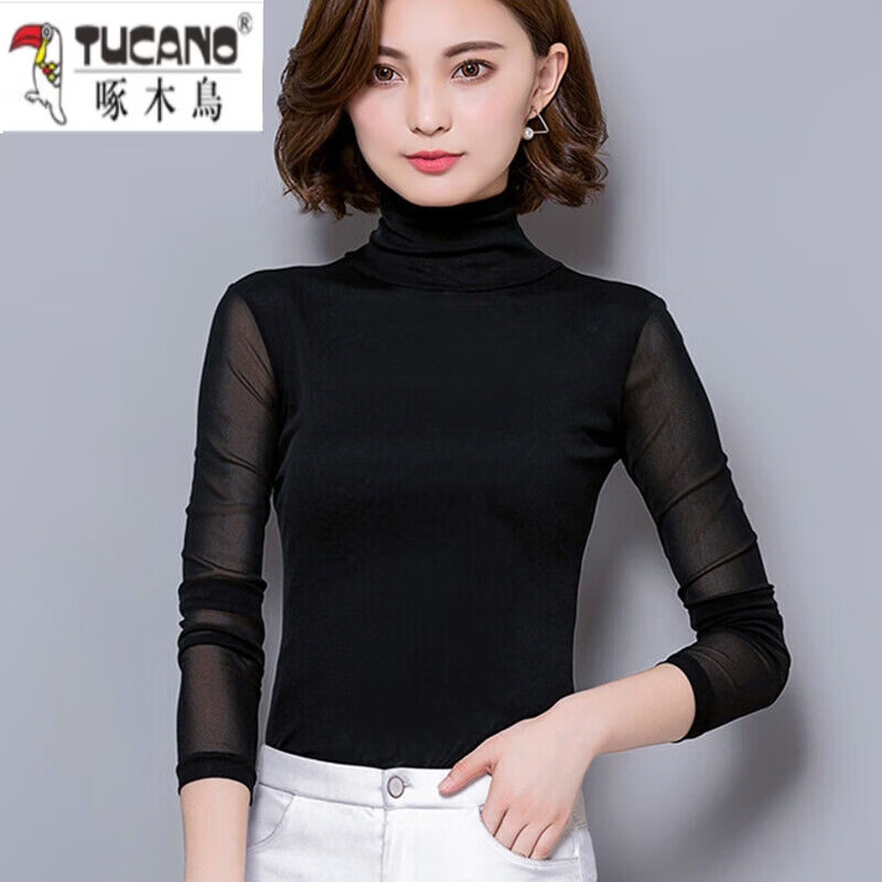 Woodpecker high collar mesh bottoming shirt for women spring and autumn new solid color long-sleeved T-shirt lace shirt slim plus velvet top for women black black thin M 85-95 pounds