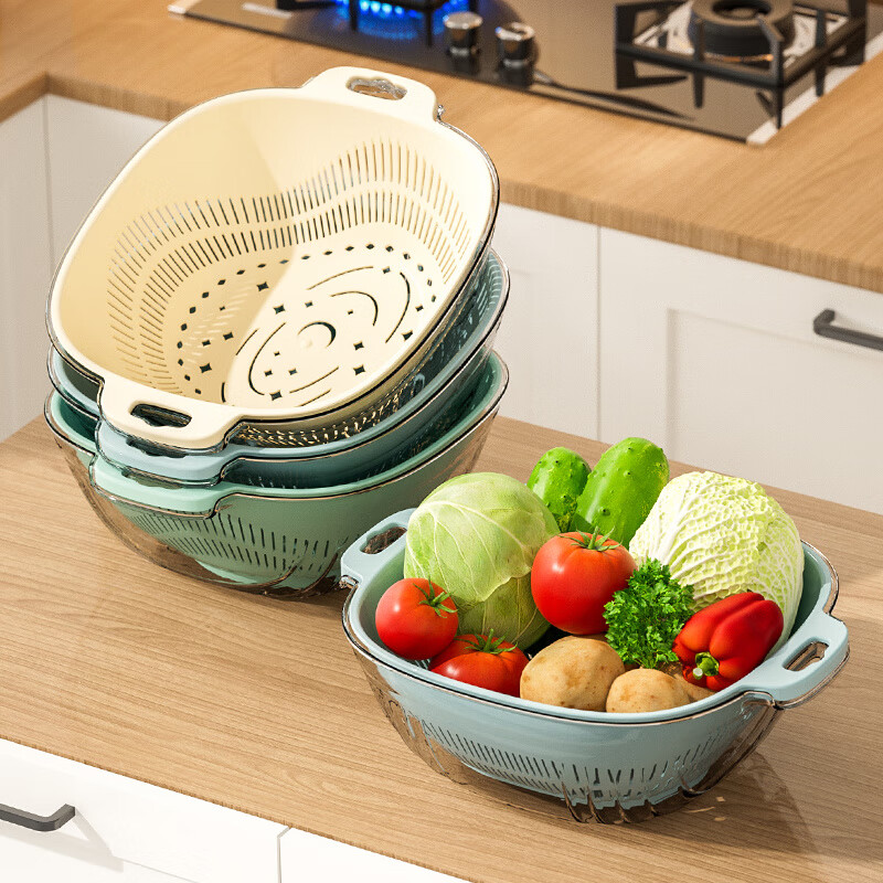 Qinkai living room large double-layer plastic sink drain basket vegetable basket kitchen storage basket shopping basket household fruit basin 281 large transparent blue single pack