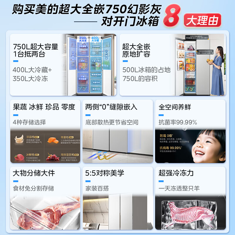 Midea large embedded 750-liter side-by-side door refrigerator ultra-thin zero embedded ultra-large capacity first-class energy efficiency variable frequency air-cooled frost-free BCD-750WKPZM (E) trade-in national subsidy