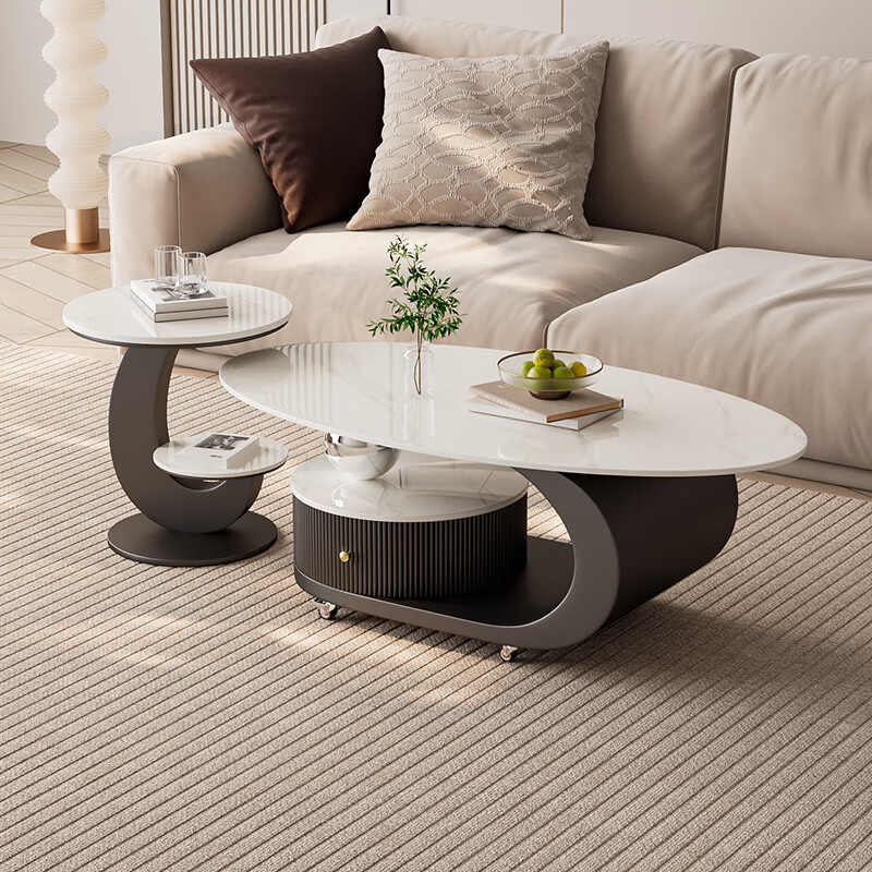 House style light luxury high-end living room household 2025 new movable slate small coffee table combination small apartment sofa side table black frame black cabinet + snow mountain white slate (combination) 100*55*45