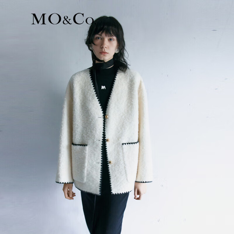 MO&Co. Black and white contrasting V-neck loose mid-length wool coat French women's style