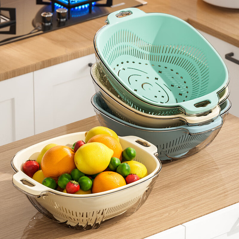 Qinkai living room large double-layer plastic sink drain basket vegetable basket kitchen storage basket shopping basket household fruit basin 281 large transparent blue single pack