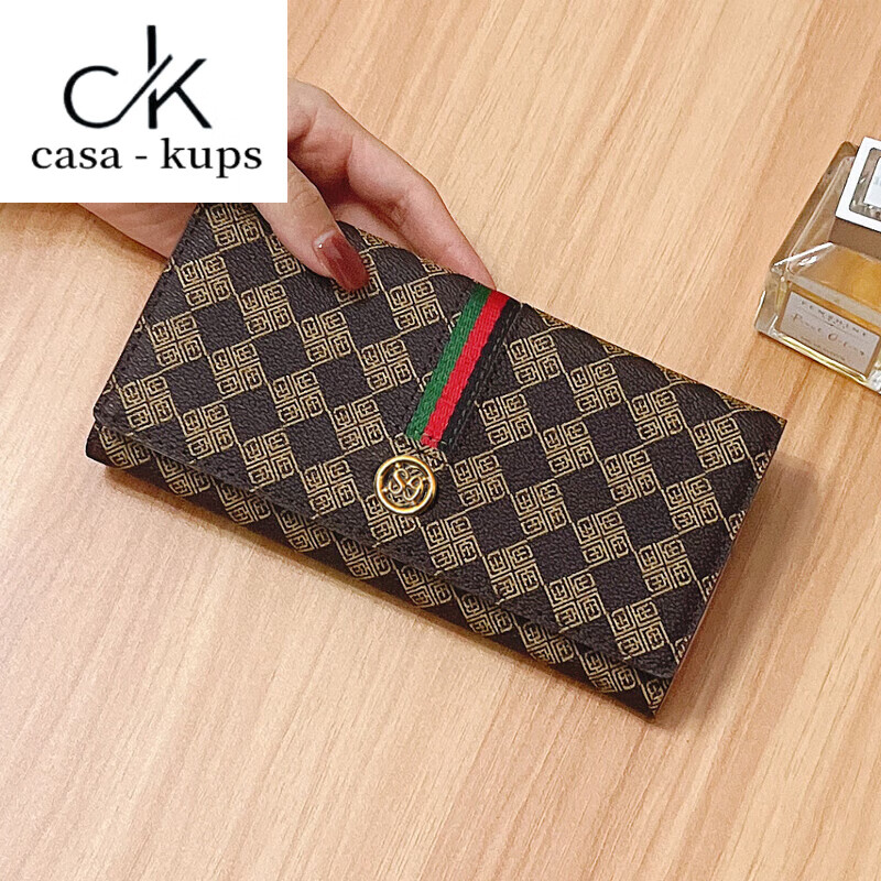 Casa-kupsCK genuine leather wallet women's thin 2025 new niche design large capacity wallet card holder long mobile phone bag two SG gray 10 card slots - can hold mobile phones