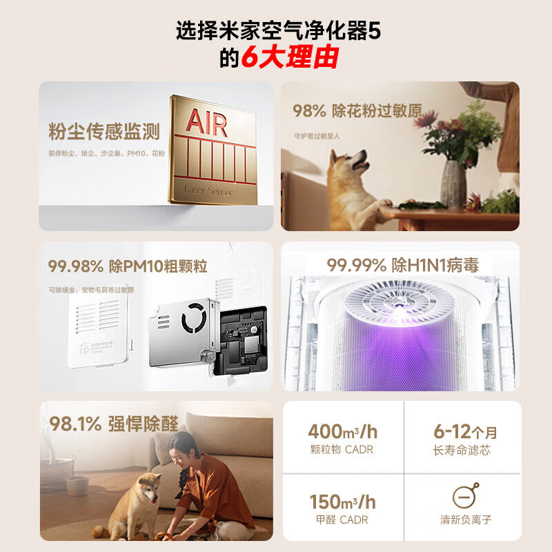 Mijia Xiaomi Air Purifier 5 removes formaldehyde, removes bacteria, removes odors, removes smog and PM2.5, and has a low-noise design for home use.