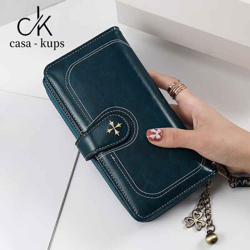 Casa-kups genuine leather wallet women autumn niche design women's long style 2025 new women's clutch large capacity hand peacock blue