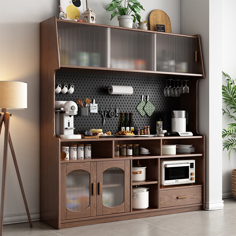 Solid wood sideboard against the wall integrated storage cabinet living room kitchen multi-functional storage cabinet cabinet wine cabinet large capacity walnut color solid wood sideboard 130cm long 40cm wide 185cm high (installation included)