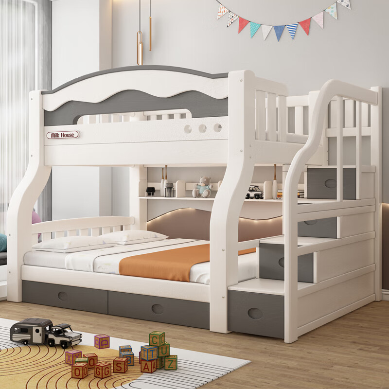 Solid wood double bed and bunk bed, two-story multi-functional bunk bed combination bed, high and low bed, bold and thickened children's bed, cabinet ladder, upper bed width 130 cm, lower bed width 150 cm (comes with bookshelf)