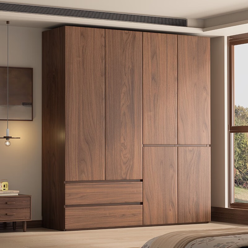 Shuangye solid wood wardrobe manufacturer direct sales walnut color modern simple bedroom home Nordic multi-layer board segment 2025 new 5-door solid wood multi-layer board wardrobe long 1.8*2.0 meters