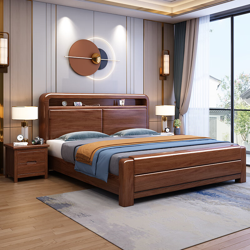 Maiya Yuexin Chinese style walnut mortise and tenon solid wood bed 1.8 meters double master bedroom modern simple storage economical large bed walnut bed 1800*2000mm mortise and tenon style