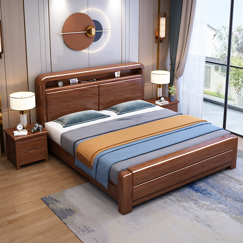 Maiya Yuexin Chinese style walnut mortise and tenon solid wood bed 1.8 meters double master bedroom modern simple storage economical large bed walnut bed 1800*2000mm mortise and tenon style