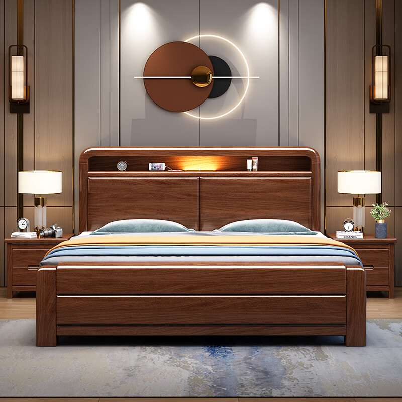 Maiya Yuexin Chinese style walnut mortise and tenon solid wood bed 1.8 meters double master bedroom modern simple storage economical large bed walnut bed 1800*2000mm mortise and tenon style