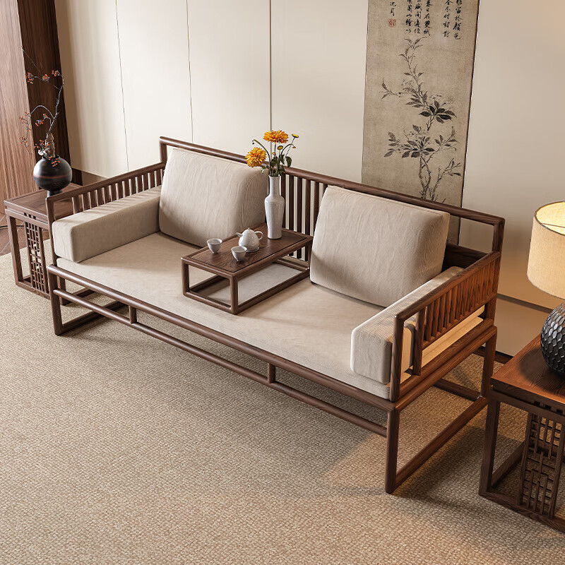 Ji gift Song Dynasty aesthetic ash wood Arhat bed tea table and chair combination new Chinese style solid wood sofa coffee table set 2026 new style ash wood 1.8m tea table + 1.8m Arhat bed + 1.6m imperial concubine couch + 2 main chairs + stool