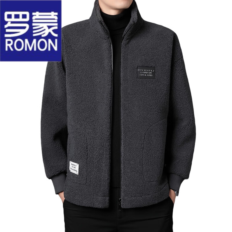 ROMON brand autumn and winter new thickened lamb velvet jacket men's trendy fat man large size warm polar fleece stand collar jacket for men dark gray with letters on the back 2XL 150-170 catties