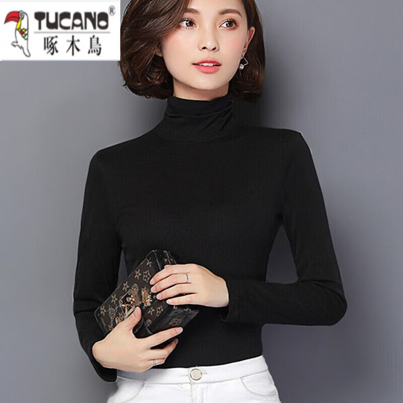Woodpecker high collar mesh bottoming shirt for women spring and autumn new solid color long-sleeved T-shirt lace shirt slim plus velvet top for women black black thin M 85-95 pounds