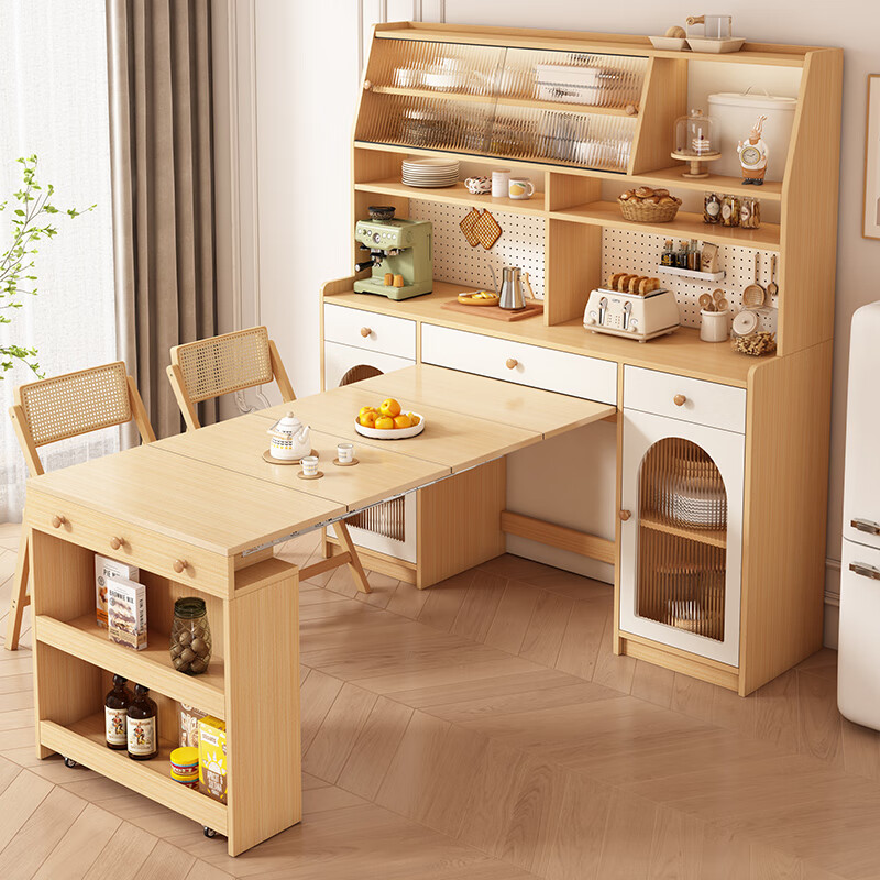 Maixiu solid wood sideboard and dining table integrated retractable and foldable small apartment living room home wall wine cabinet storage rack solid wood sideboard 120CM + retractable dining table-log cream color