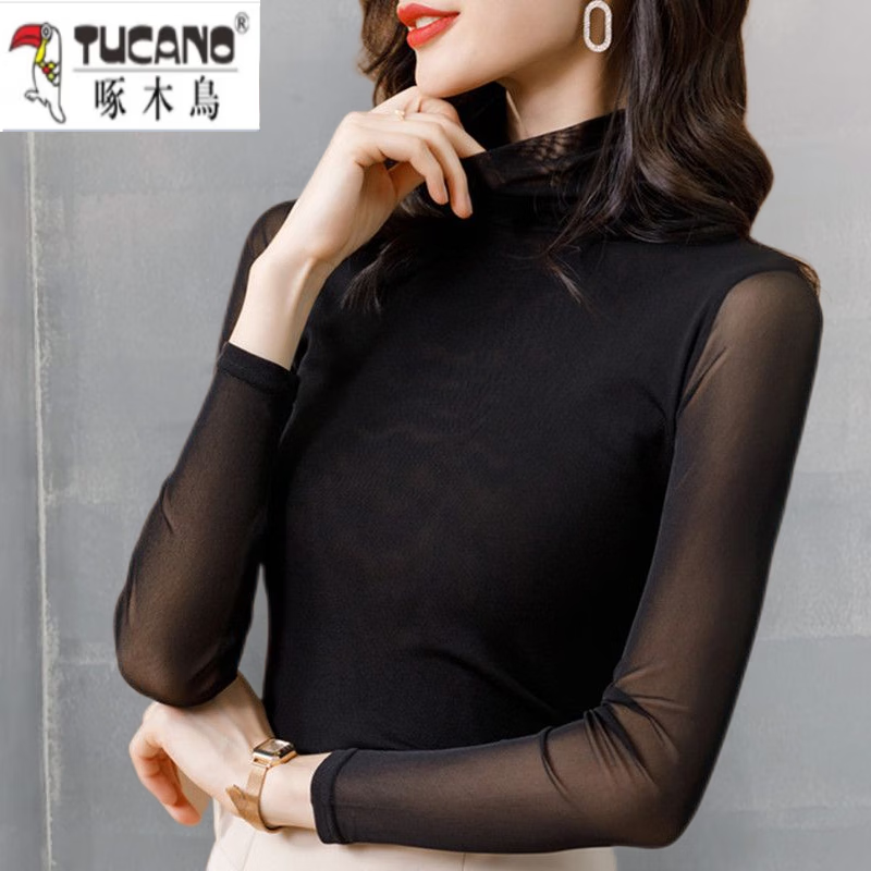 Woodpecker high collar mesh bottoming shirt for women spring and autumn new solid color long-sleeved T-shirt lace shirt slim plus velvet top for women black black thin M 85-95 pounds