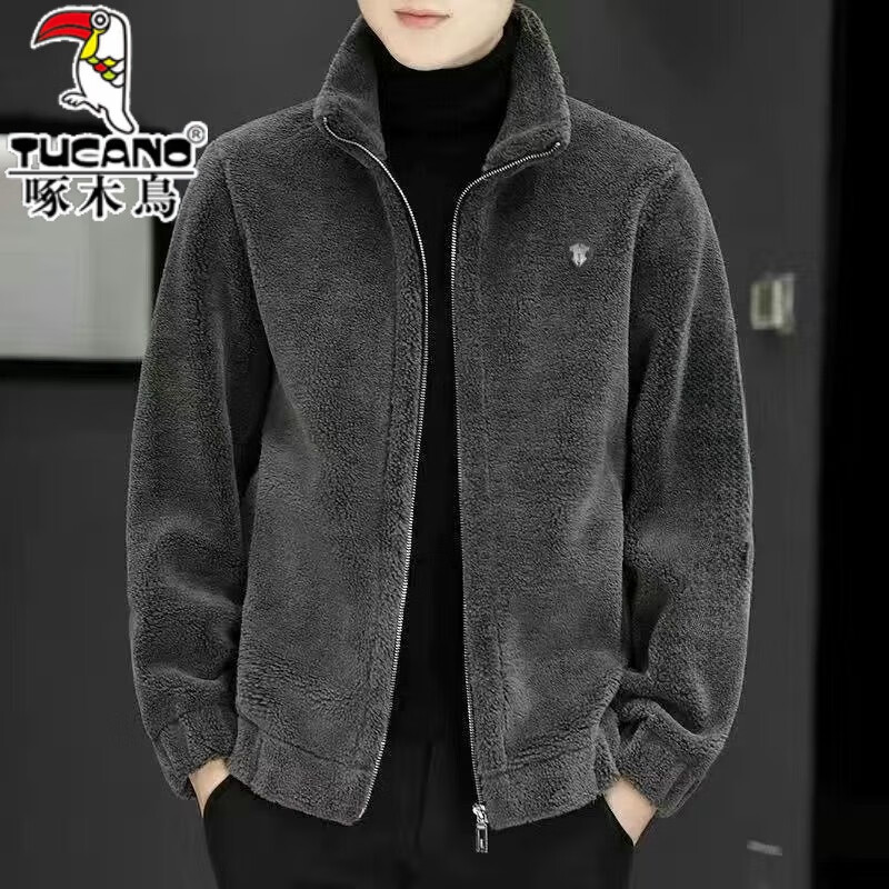 Woodpecker lambswool jacket men's jacket autumn and winter 2025 new thickened warm casual jacket clothes men's jacket stand-up collar gray brand special clearance clearance L - recommended 110-130 pounds