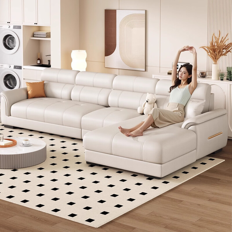 Xinyi government subsidizes cream-style leather sofa for living room with light luxury and high-end feeling 2025 new corner chaise seat sofa Antibacterial cat scratch leather + natural washed latex 2.8m four-seat straight sofa + chaise seat sofa