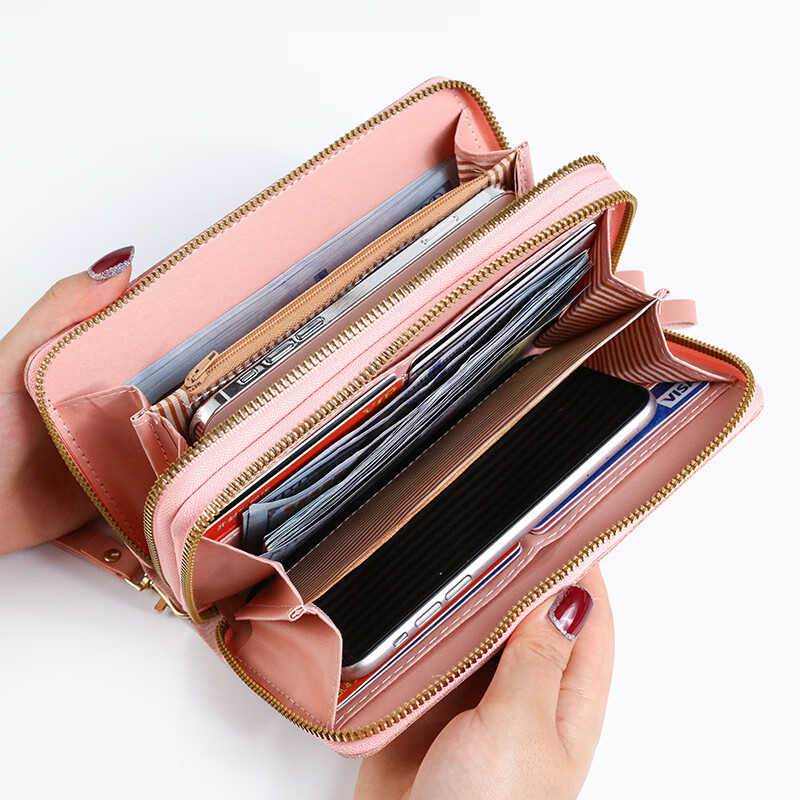 Muni 2026 New Wallet Women's Long Zipper Wallet Embossed Large Capacity Mom Mobile Phone Coin Clutch Passport Double-layer Zipper Wallet Pink 19.5*3.5*10