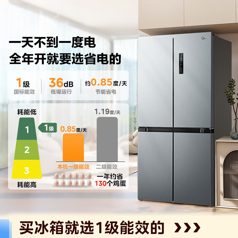 Midea Huixian 480L cross-shaped four-fold double-door large-capacity first-class energy-efficiency air-cooled frost-free household refrigerator BCD-480WSPZM(E)