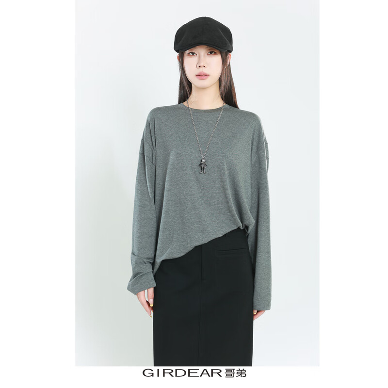 GIRDEAR/GIRDEAR 130066 spring new skin-friendly, comfortable and versatile loose round neck long-sleeved T-shirt basic base silver gray afternoon dark clouds (grey) L