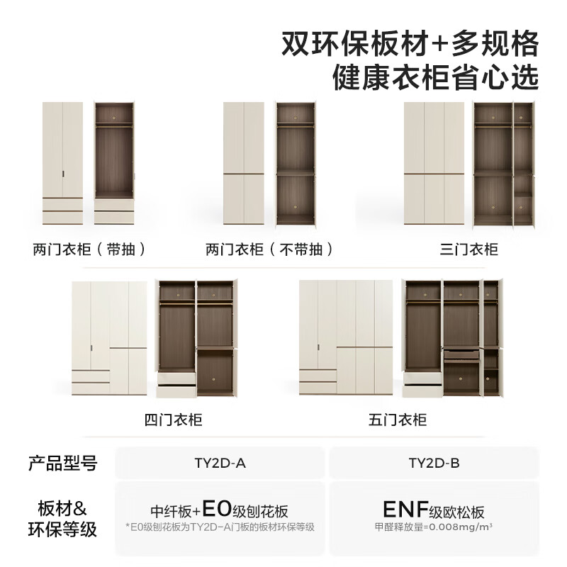 Lin's Home Finished Wardrobe Bedroom Household Cabinet Segmented ENF Level Optional Storage Cabinet Wardrobe Storage Cabinet TY2D 1.59*2.4m|ENF Level Main Material|Double Drawing Four Doors