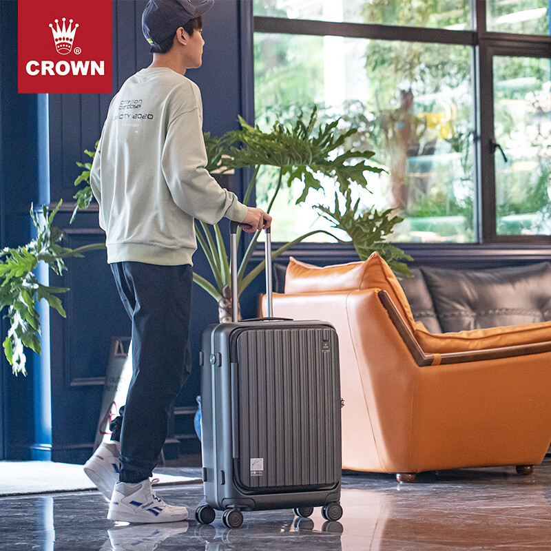 CROWN Trolley Case Zipper Aluminum Frame Suitcase Universal Wheel Front Opening Cover Side Opening Suitcase Travel Case 5278 Iron Gray Zipper 25 inches Need to be checked in