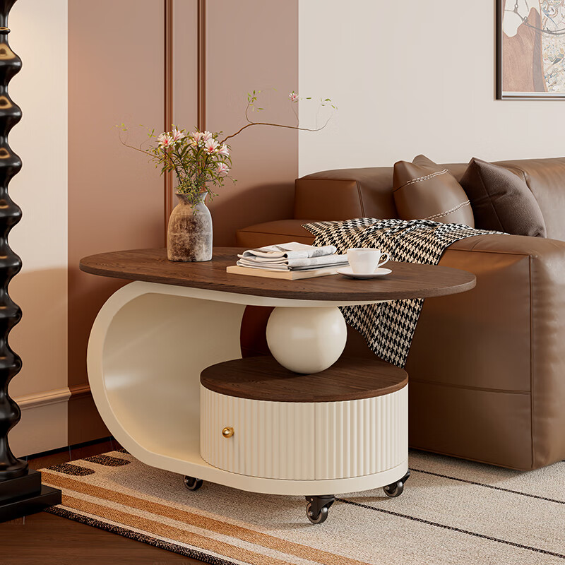 Yudianguan modern simple solid wood medieval style coffee table living room light luxury high-end movable small coffee table small apartment sofa side table apricot frame apricot cabinet walnut color countertop length 80*width 40*height 45cm