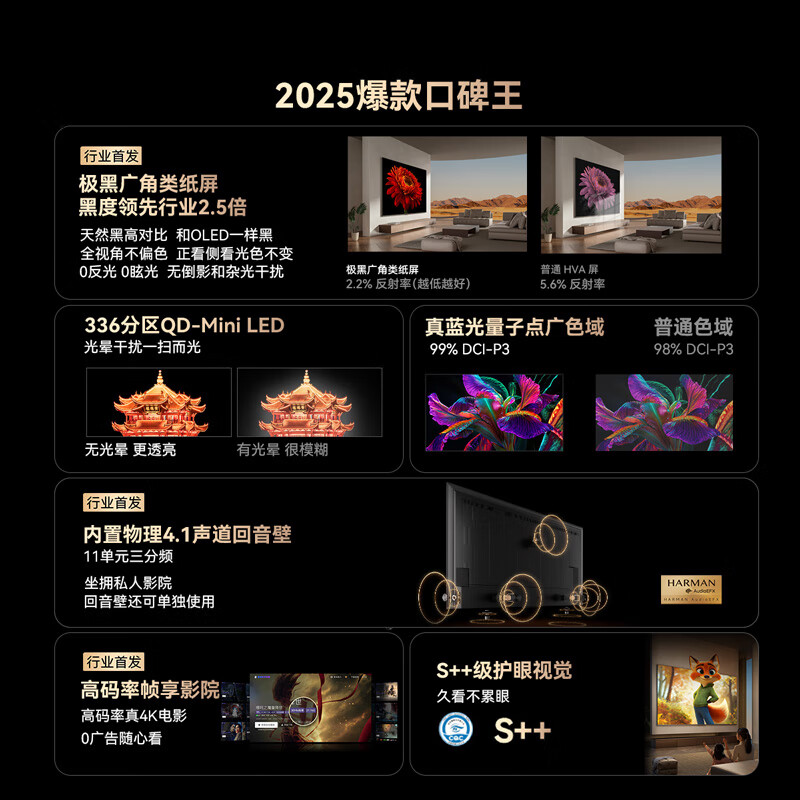 Skyworth TV Black Knight A5F Pro TV 55-inch QD-Mini LED extremely black non-reflective gaming LCD home appliance flat-panel TV national subsidy