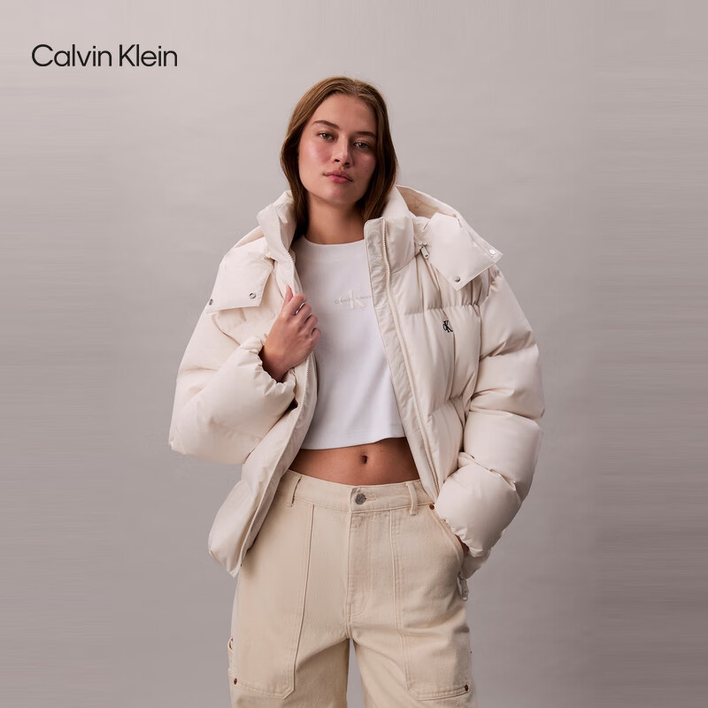 Calvin KleinJeans25 autumn and winter new women's soft 90 velvet casual commuting cck embroidered stand collar hooded down jacket
