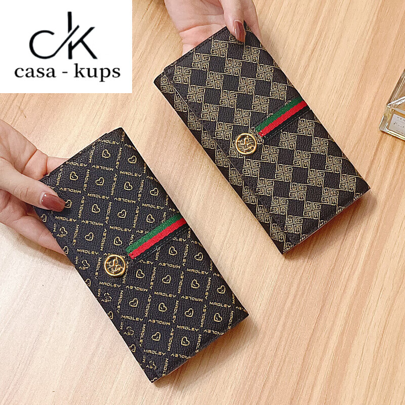 Casa-kupsCK genuine leather wallet women's thin 2025 new niche design large capacity wallet card holder long mobile phone bag two SG gray 10 card slots - can hold mobile phones