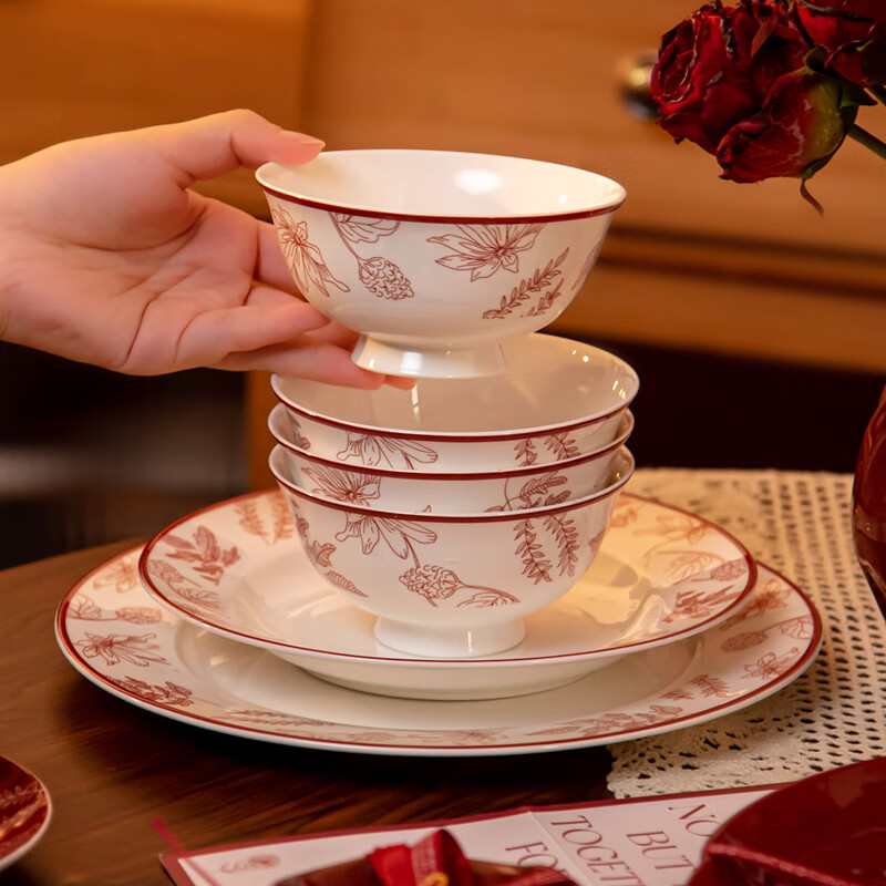 SUCCOHOMEWARE Chinese red festive tableware set gift box wedding gift moving housewarming gift ceramic bowl and plate set Shangxi 4-person meal (high-end gift box) (JD Logistics) fast delivery to the next day